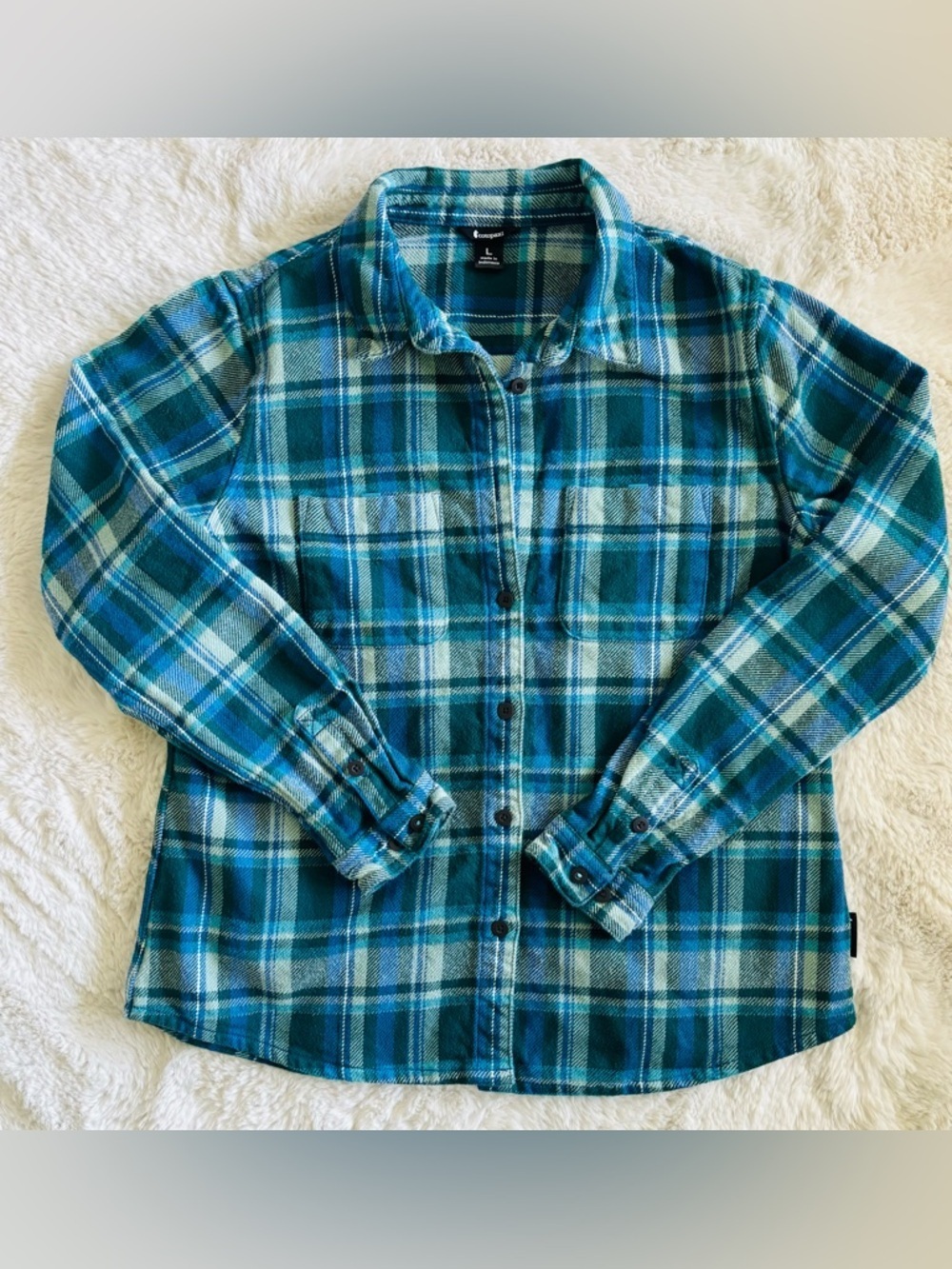 Cotopaxi Mero Organic Flannel Shirt Plaid Camp Cabin Blue Shacket Size: Large - Picture 2 of 6
